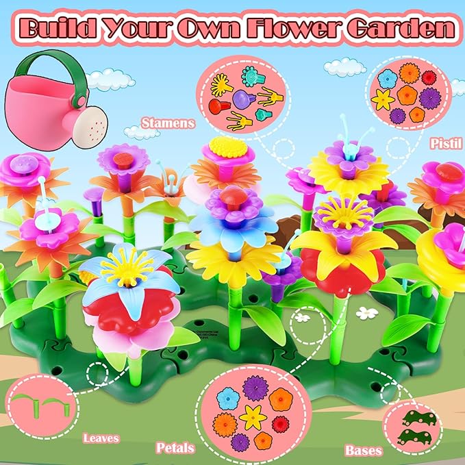 FUNZBO 109pcs Flower Garden Building Toy Set - Spring Toys for 3 4 5 6 7 Years Old Girl, STEM Montessori Educational Toy for Kid Toddler, Sorting & Stacking Building Block Birthday Gift