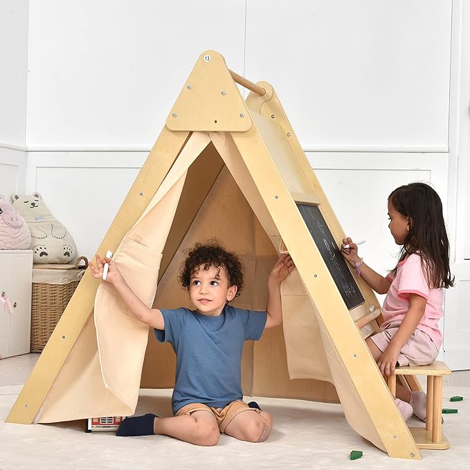 Avenlur Oak Foldable Triangle Climber 5 in 1 Kids Playhouse Hideaway Montessori Learning Play Tent, Desk, Chair Stool, Art Easel, Chalkboard, Teepee Climbing, Crawling Tunnel Toy Toddler Playset