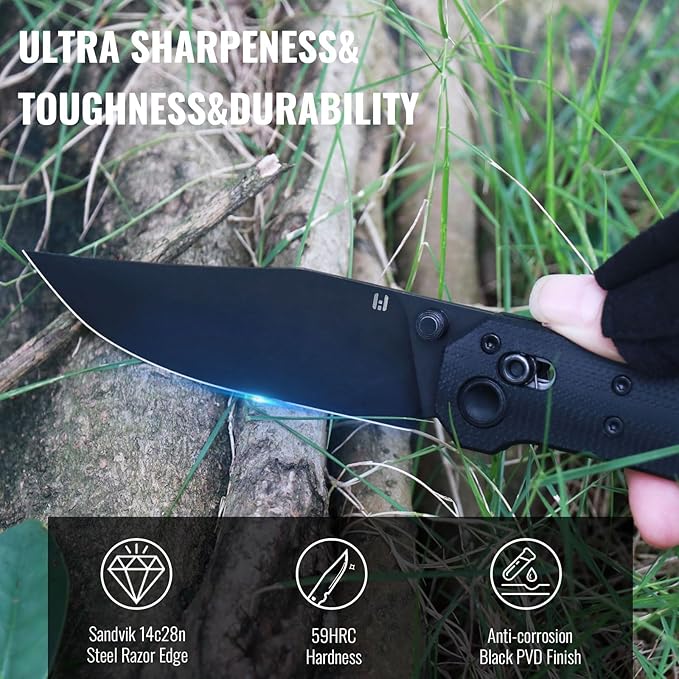 Pathwright Folding Knife, 3.54" Swedish 14C28N Blade G10 Handle with Crossbar Lock Pocket Knife with Pocket Clip for Camping Survival Hiking EDC Knives for Men Women Black