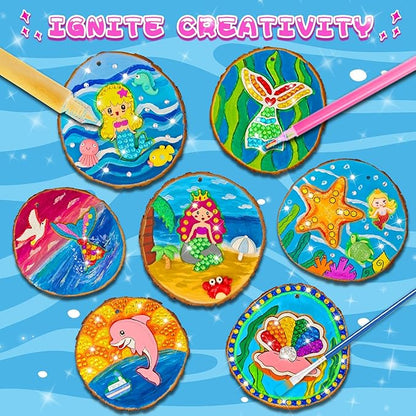 klmars Mermaid Themed Wooden Painting Kit-Glow in The Dark-Arts & Crafts Gifts for Kids Girls Ages 6-12-Wood Slice Craft Activities Kits -Mermaid Art Toys for Kids Christmas Gifts