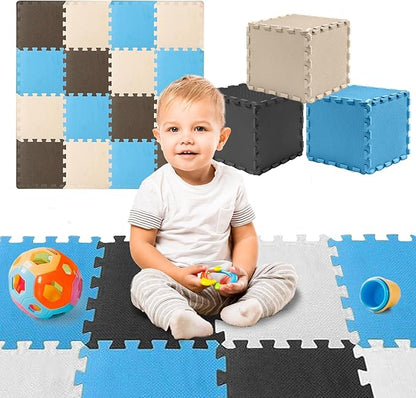 TOYVELT Foam Puzzle Floor Mat for Kids 12x12-32 Tiles Interlocking Play Mat with Colors - Educational Large Puzzle Foam Floor Tiles for Crawling, Non-Toxic - Blue-Brown-Beige