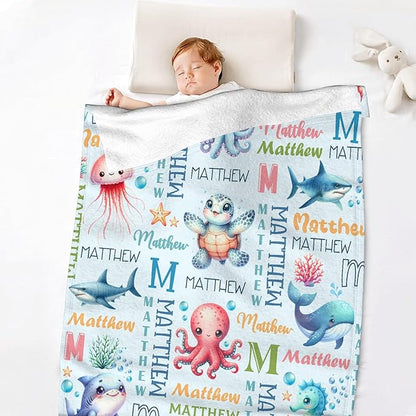 Personalized Baby Blanket for Girls Boys Kids Turtle Sea Animals Custom Baby Blanket with Name Throw Birthday Gift for Toddlers Infants Shower Newborns Nursery Stroller Crib Bed Decor