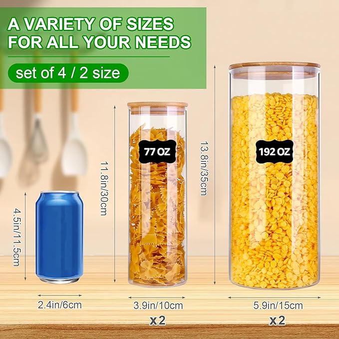 Glass Food Storage Jars, Food Containers with Airtight Bamboo Lids for Pasta, Cookies, Nuts, Coffee Beans, Cereal, Glass Canisters for Kitchen, Pantry Organization,Set of 4