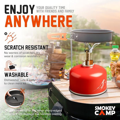 Camping Cookware Mess Kit Set with Stove - Backpacking Camping Pots and Pans Set, All in One Non-Stick Camping Cooking Set, Portable Stove, Hiking, Picnic, Outdoor & Camping Cookware Set