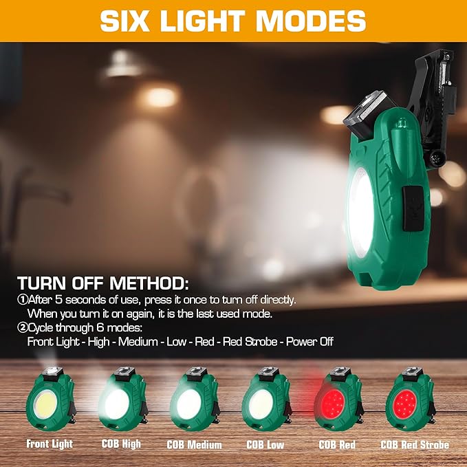 EverBrite 2 Pack COB Keychain Work Light, Mini Rechargeable Magnetic Keychain Light, Sensor Mode, Multifunctional Small Keychain Flashlights, Portable, Waterproof, for Camping, Hiking, 6 Modes, Green