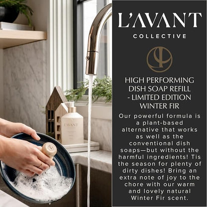 L'AVANT Collective Natural Luxury Dish Soap Refill, Winter Fir, 32 Fl Oz | Plant-based grease-cutting formula, gentle on hands, Winter Fir scent, glass bottle refill, non-toxic, cruelty-free, 32 fl oz