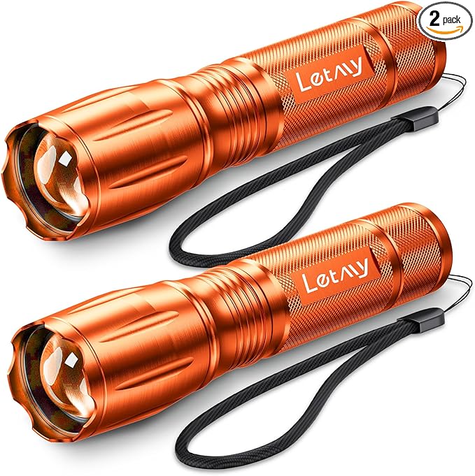 LETMY Tactical Flashlight S2000-2 Pack Bright Military Grade LED Flashlights High Lumens - Portable Handheld Flash Light, 5 Modes Zoomable Waterproof Flashlights for Home Emergency Camping- Orange