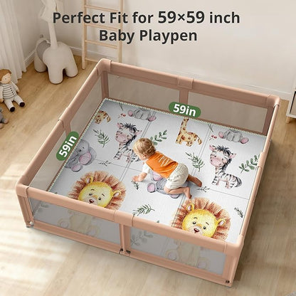 Baby Play Mat, 59 x 59 PlayMat Perfect for Use Baby Playpen, Foldable Soft Foam Babies Play Mat for Floor, Babies Activity Tummy Time Playmat, Kids Non Toxic Thick Mat for Babies, Toddlers, Infants