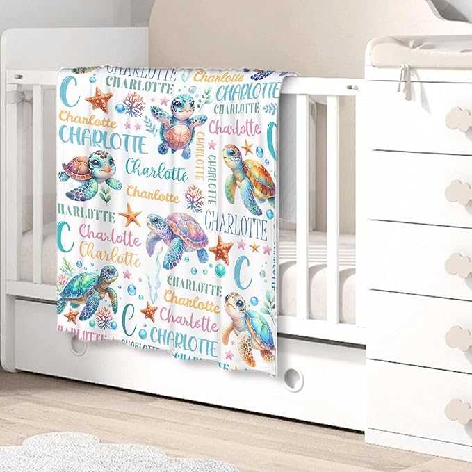 Personalized Baby Blanket for Girls Boys Kids Sea Turtle Custom Baby Blanket with Name Throw Birthday Gift for Toddlers Infants Shower Newborns Nursery Stroller Crib Bed Decor