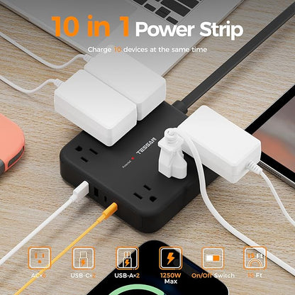 TESSAN Flat Plug Extension Cord 15 Ft, 2100J Surge Protector Power Strip