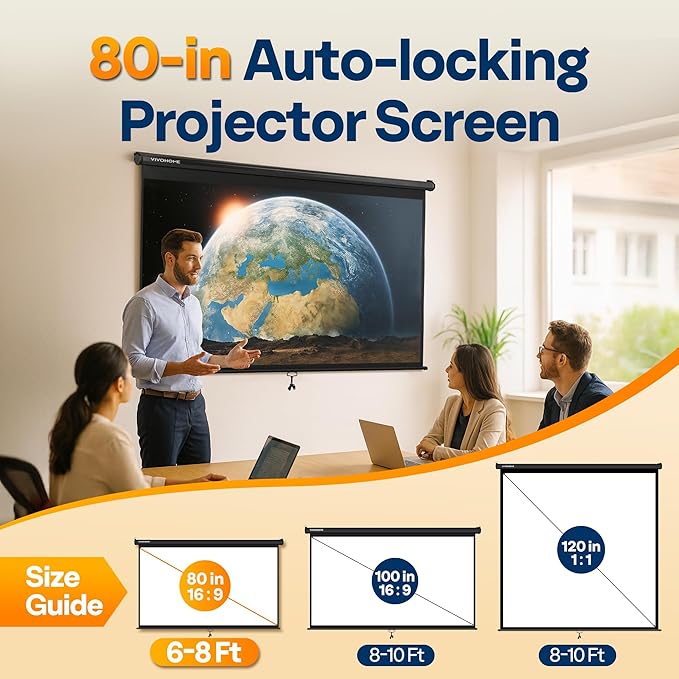 VIVOHOME 80 Inch 16:9 Pull Down Projector Screen, HD 4K Retractable Movie Screen