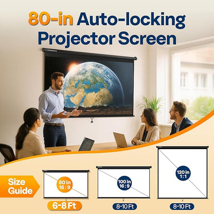 VIVOHOME 80 Inch 16:9 Pull Down Projector Screen, HD 4K Retractable Movie Screen