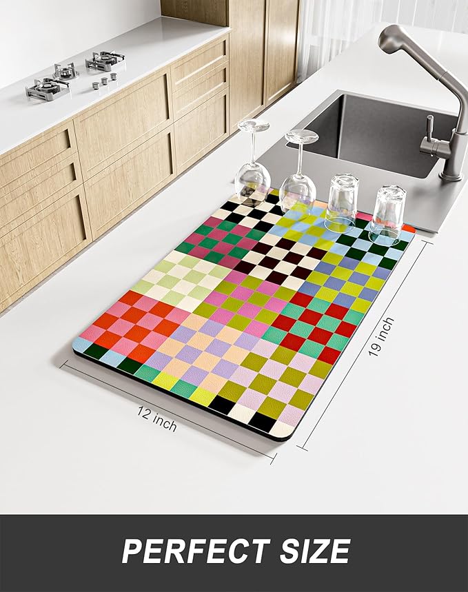 Rnivvi Dish Drying Mat for Kitchen Counter, 12 x 19" Cute Checkered Absorbent