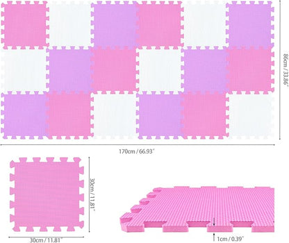 qqpp EVA Rubber 18 Tiles Interlocking Puzzle Foam Floor Mats - Baby Play Mat for Playing | Exercise Mat for Home Workout. White, Pink, Purple. QC-ACKb18N
