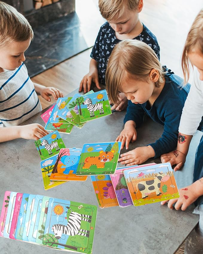 12 Pack 3.54" Mini Wooden Animal Jigsaw Puzzles for Kids Ages 2 3 Toddlers 9 Pieces Preschool Educational Puzzles Learning Travel Jigsaw Puzzle Toys Gift for Boys and Girls