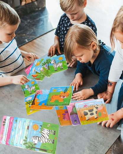 12 Pack 3.54" Mini Wooden Animal Jigsaw Puzzles for Kids Ages 2 3 Toddlers 9 Pieces Preschool Educational Puzzles Learning Travel Jigsaw Puzzle Toys Gift for Boys and Girls