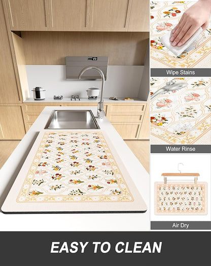 Rnivvi Dish Drying Mat for Kitchen Counter, 12 x 19" Cute Flower Theme Super