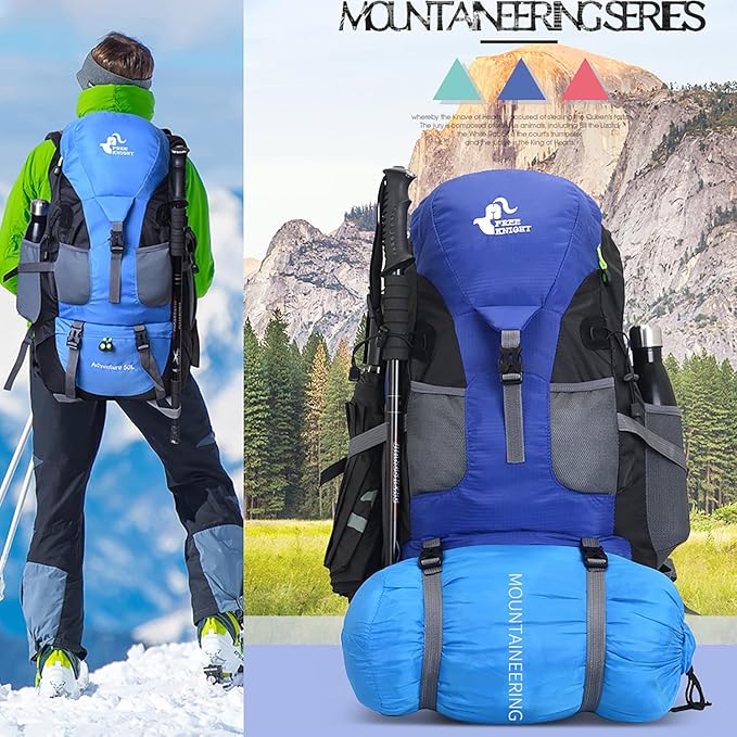 Bseash 50L Hiking Backpack, Water Resistant Lightweight Outdoor Sport Daypack Travel Bag for Camping Climbing Skiing Cycling (Blue - No Shoe Compartment)