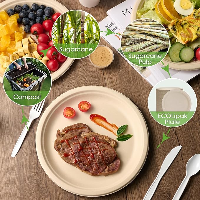 ECOLipak Paper Plates 10 Inch, 150 Pack Compostable Heavy Duty Disposable Biodegradable Sugarcane Bagasse Eco Friendly Paper Plates for Thanksgiving Party Dinner