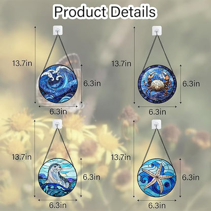 DASTOLL Stained Glass Window Hanging 4 Pcs Set Blue Ocean Waves 6.3"