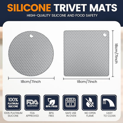Silicone Trivet Mats 4 Heat Resistant Pot Holders Multipurpose Non-Slip Hot Pads for Kitchen Potholders, Drying mat, Jar Opener, Spoon Holder, Coaster(Nordic Grey)