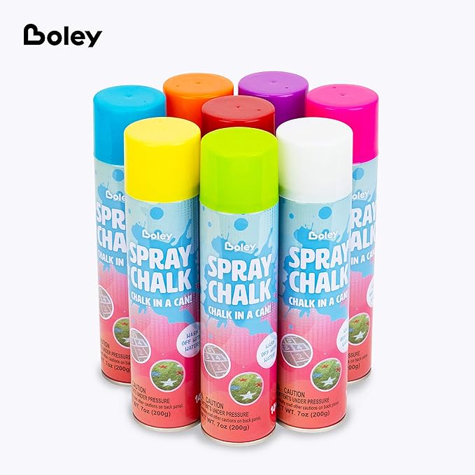 Boley Spray Chalk - 8 Pack Washable Sidewalk Chalk Spray Paint, 7 oz Each, Safe & Non-Toxic, Vibrant Colors for Outdoor Fun, Chalk for Asphalt, Grass, Snow, Sand, Concrete - Ages 14+