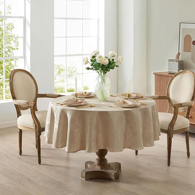 Newbridge Barcelona Luxury Damask Fabric Tablecloth, 70” Round, Golden Beige, 100% Polyester, No Iron, Soil Resistant Dining Room, Party and Banquet Table Cover