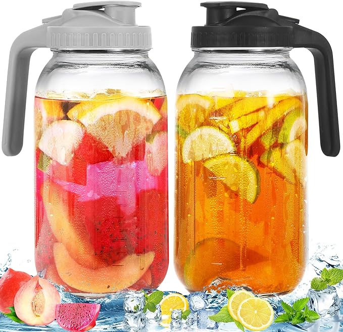 2 Pack Glass Pitchers with Lid, 64 oz Sun Tea Pitcher, Half Gallon Mason Jar