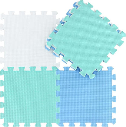 qqpp EVA Rubber 18 Tiles Interlocking Puzzle Foam Floor Mats - Baby Play Mat for Playing | Exercise Mat for Home Workout. White, Blue, Green. QC-AGHb18N