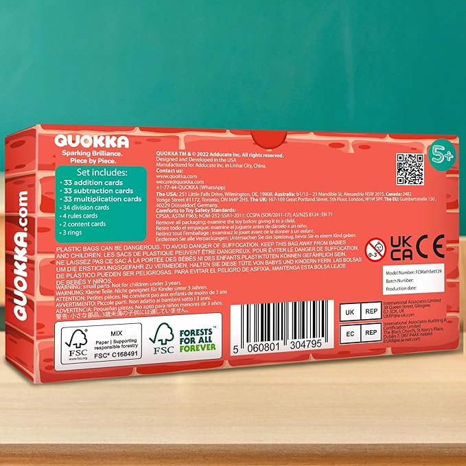 QUOKKA Math Flash Cards for Kids Ages 5-8 - Addition and Subtraction, Multiplication and Division Games for Kids 5-7 - 139 Double-Sided Flashcards for Studying - Large Bold Fonts - Flash Card Rings