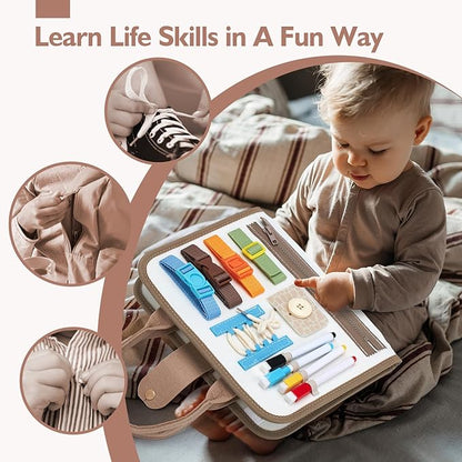 hahaland Montessori Busy Board for Toddlers Boy Toys Birthday Gift - Travel Toys - Dinosaur, Alphabet, Number, Shape, Drawing, Life Skills