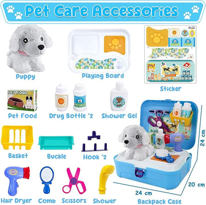 TEUVO Pet Care Playset, 16Pcs Kids Doctor Kit with Plush Dog & Backpack for Dog Grooming & Feeding, Pet Doctor Pretend Play Toys for 3 4 5 6 7 Years Old Girls Boys Birthday