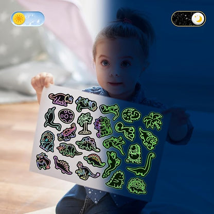 51 Pcs Neon Dinosaur Stickers for Kids Glow in The Dark, Dinos Sticker for Water Bottle, Vinyl Waterproof Laptop Decals for Teens Girls Boys, Students Adults Sticker Pack