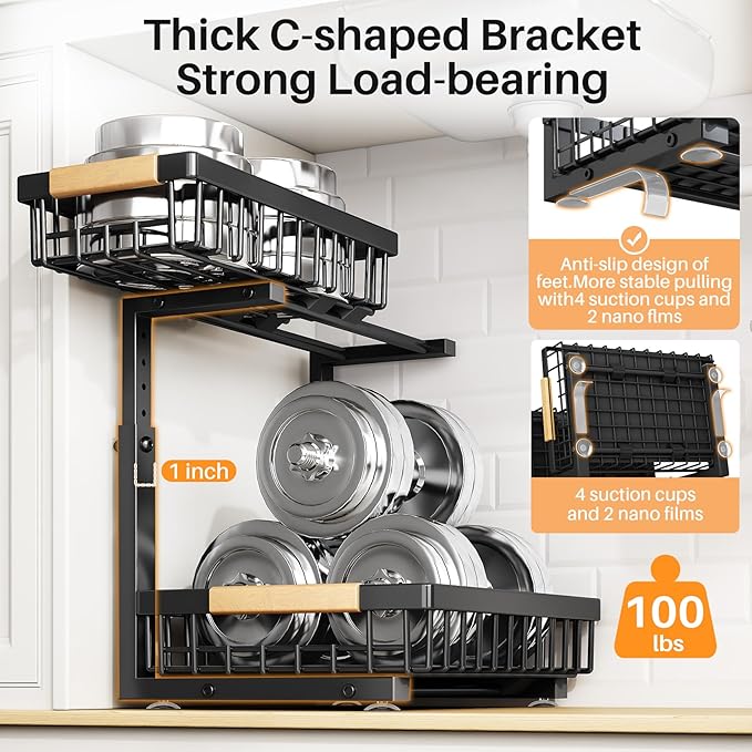 PXRACK 2 PACK Under Sink Organizer,Adjustable Height,2 Tier Pull Out Under Cabinet Organizer,Thickened Metal Shelf,Slide Out Under Sink Storage for Kitchen Bathroom Cabinet Laundry