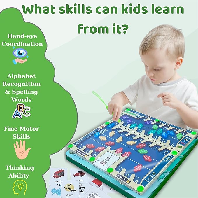 Magnetic Alphabet Maze Board, Montessori Wooden Kids Toys for Ages 3-5, Puzzle Activity Toy, Develop Fine Motor Skills, Ideal Gift for Toddlers (Airport)