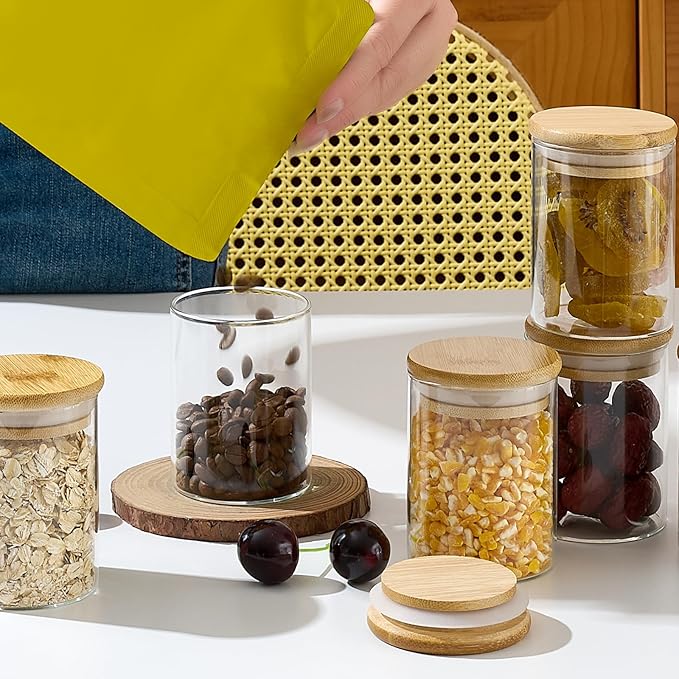 12 Packs Bamboo Qtip Holders, 10 oz Glass Round Storage Containers