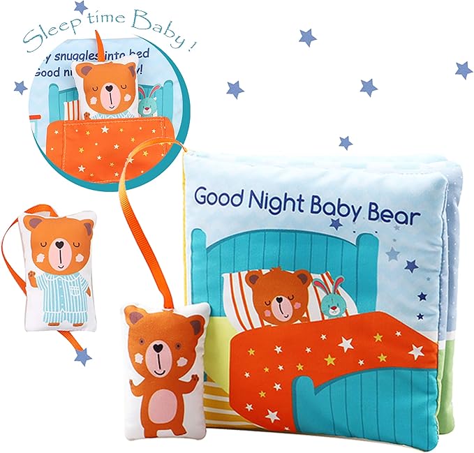 Teddy Bear Baby Book Activity Quiet Cloth Soft Books Developmental Toys Interactive Baby Books for Babies Toddlers Infants, Tummy Time Mirror Toy Gifts for Boys Girl, Goodnight W Box
