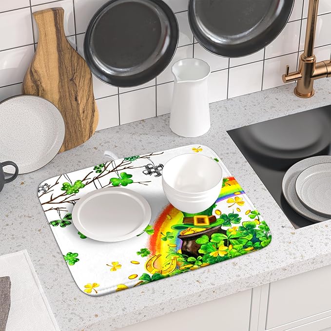 Giwawa St Patrick Dish Drying Mat Small Lucky Clover Tree Shamrock Dish Drainer