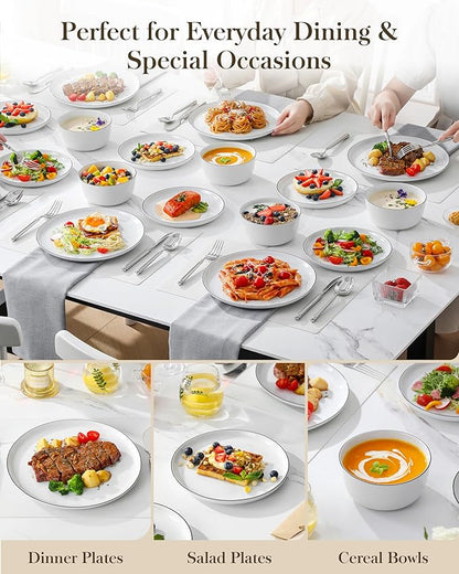 MALACASA 18 Pieces Gourmet Porcelain Dinnerware Sets, Premium Plates and Bowls Set, High-Fired Dishes Set for 6, Chip & Scratch Resistant, Microwave Dishwasher Safe, White & Black Rim, Series LEXI