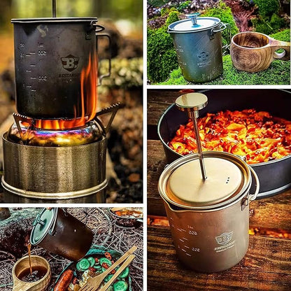 Bestargot Titanium Pot 750ml, Portable French Press | Ultralight Camping Pot for Coffee, Cooking & Survival | Compatible with Camp Stoves