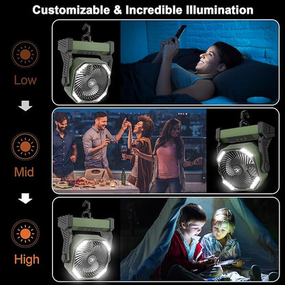 KITWLEMEN 20000mAh Battery Powered Camping Fan - 58H Max Cooling, Rechargeable Battery Operated Desk Fan with 4 Speeds, Bright Light & Hanging Hook, Portable for Tent Outdoor Hurricane Power Outage