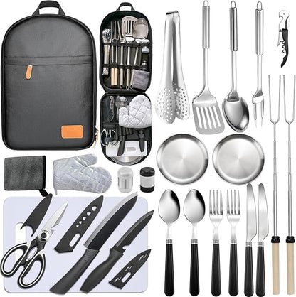 Camping Cooking Utensils Set - Camping Utensil Set Car Camping Cooking Essentials Gear for Camp Kitchen Cooking and Grilling, Stainless Steel & Silicone Ideal Gift for RV Tent Camper