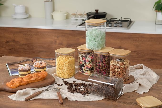 37oz Airtight Glass Square Storage Canisters with Bamboo Lid Set of 6 (1100ml) Stackable Containers, Kitchen Jars for Pantry Noodles, Flour and Coffee beans (‎with Black Lable)