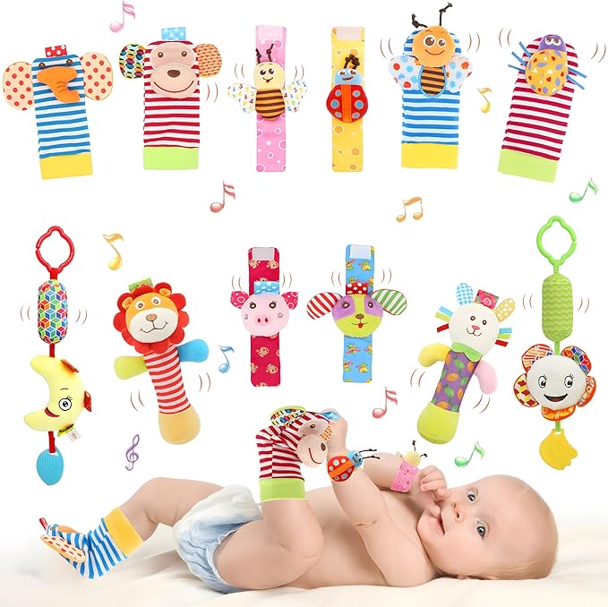 Bloobloomax Wrist and Foot Rattles - Hanging and Hand Bracelet Rattles, Ankle Socks for Newborns and Infants (12pcs)