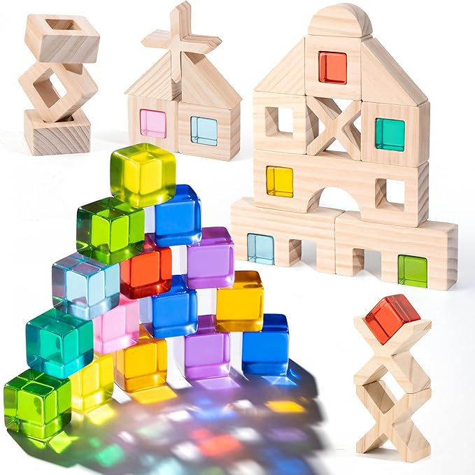 Woodtoe Wooden Rainbow Building Blocks Set for Kids, 22 PCS Wooden Blocks & 25 PCS Gem Cubes Stacking Blocks, Montessori Stacking Toys for Toddlers, Educational STEM Easter Toys for Boys Girls 3-6