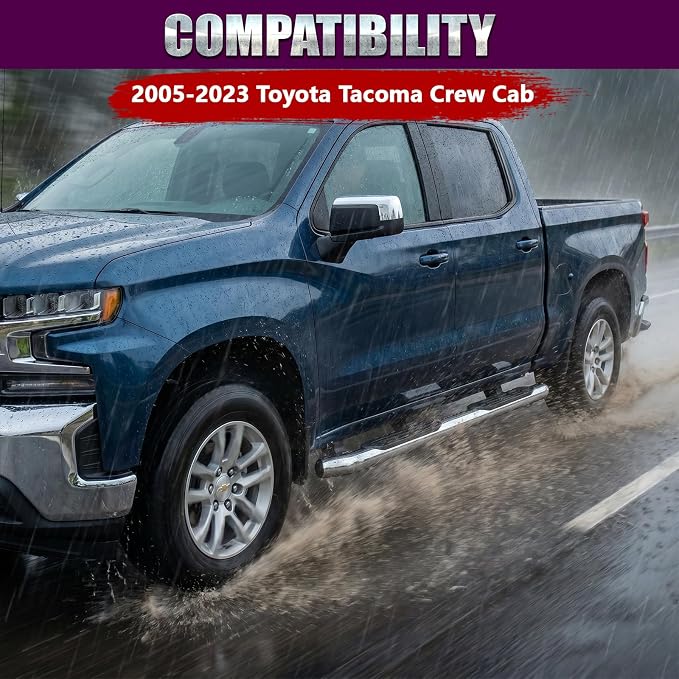 4 Inch Curved Running Boards Stainless Steel Nerf Bars Side Steps Compatible with 2005-2023 Toyota Tacoma Crew Cab, No-Cut, No Drilling, Bolt on Installation