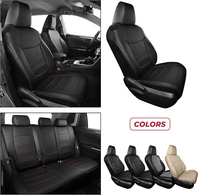 FREESOO RAV4 Seat Covers Full Set Custom Fit for Toyota Rav4(Only Hybrid) 2019 2020 2021 2022 2023 2024 2025 LE/XLE/XLE Premium/Limited, Faux Leather Car Seat Cover, Airbag Compatible, Black Red
