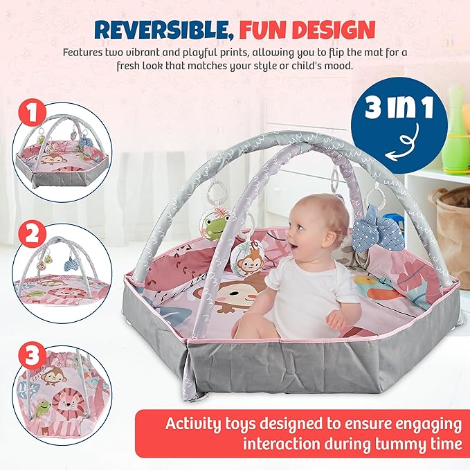 Henry & Colin Baby Activity Play Gym Mat with Hanging Toys, Soft Padded Mat, Sensory Development Play Area for Newborns and Infants, Convertible Play Center for Tummy Time and Fun Learning (Pink)
