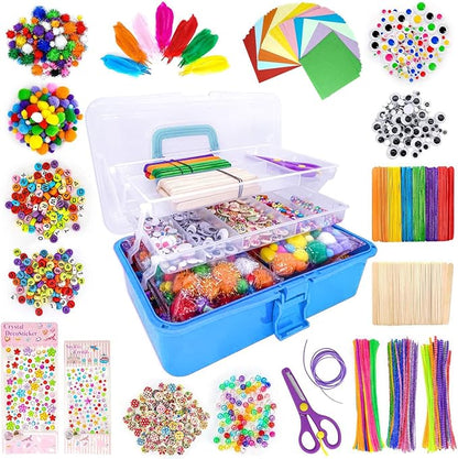 1405 Pcs Art and Craft Supplies for Kids, Toddler DIY Craft Art Supply Set Included Pipe Cleaners, Pom Poms, Feather, Folding Storage Box - All in One for Craft DIY Art Supplies (Blue)
