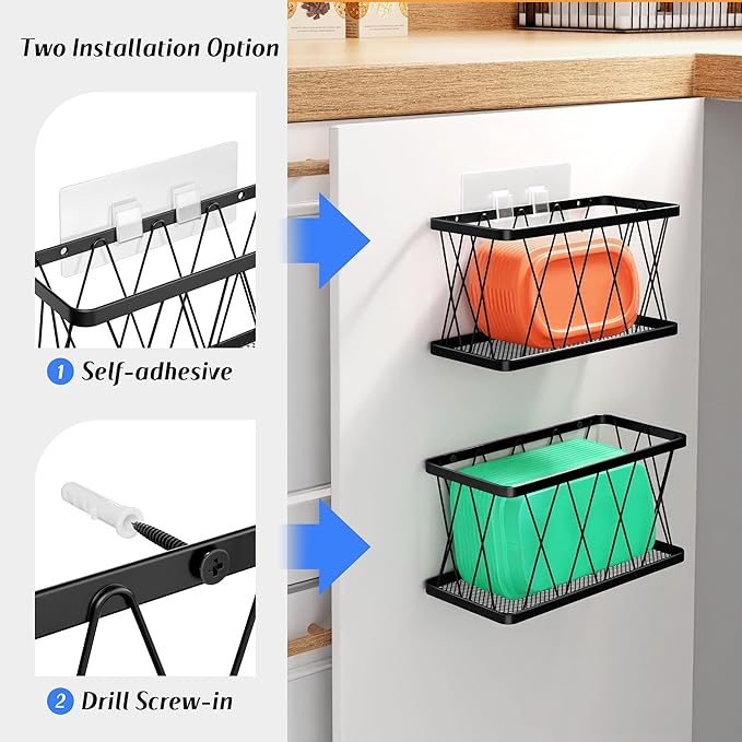 BasicForm 4 Pack Metal Kitchen Inside Cabinet Door Organizer, Adhesive Lid
